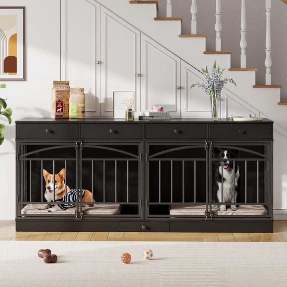 Double Dog Crate Furniture – Indoor Kennel for 2 Small/Medium Dogs with 4 Storage Drawers, Feeding Bowls, TV Stand – Black, 78.74" x 19.69" x 33.46"