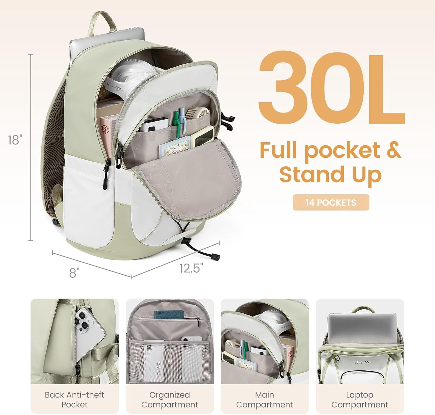 LOVEVOOK Laptop Backpack for Women with Pouch Pocket for Large Capacity Cup,15.6 Inch Work Computer Laptop Bag College Teacher Backpack Purse,Lightweight Travel Hiking Overnight Bag,White-Bean Green