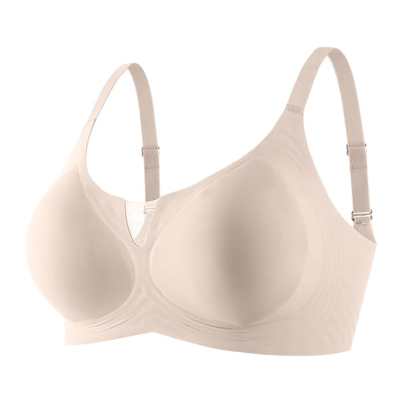 VISALY Jelly Bras for Older Women Wireless Push Up Bra Full Coverage No Underwire Seamless Plus Size Supportive Bras Stretchy Wireless Gathering Sports No Underwire T-Shirt Bralette Beige L