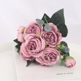 thumbnail image 4 of Ramo de rosas de simulación para boda, decoración de flores falsas para pared, flor de seda verde, decoración de mesa para sala de estar (púrpura), 4 of 5