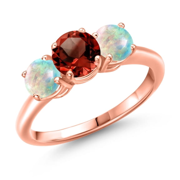 Gem Stone King 18K Rose Gold Plated Silver Red Garnet and Simulated White Opal Engagement Ring for Women | 2.00 Cttw | Round 6MM | Gemstone January Birthstone | Size 6