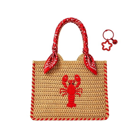 XRSKINGS Straw Woven Beach Tote Bag, Lobster Embroidery Raffia Purse, Bohemian Shoulder Bag for Summer Vacation and Outdoor Leisure Use