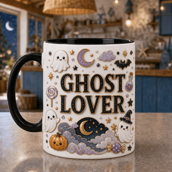 Cute Ghost Mug 3D Effect Stars Coffee Cup for Halloween Lovers & Spooky Gift Giving