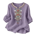 thumbnail image 3 of Embroidered Cotton Linen Shirts Dressy Loose Tunics Blouses Trendy Summer Boho Linen Shirts for Women Puff Sleeve Peasant Tops Loose Fit T-Shirt Floral Blouses Bohemian Tops Crew Neck Boho Top, 3 of 4