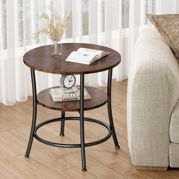 CONCETTA 2-Tier Small Round Side Table, Bedside Nightstand with Sturdy 70lbs Top Capacity, End Table for Living Room, Bed Room & Small Spaces, Rustic