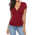 thumbnail image 1 of TSADFHJI T-Shirts pour Femmes Décontractés Unis Col en V Croisé Manches Courtes Boutonné Blouse Slim TG Rouge, 1 of 7