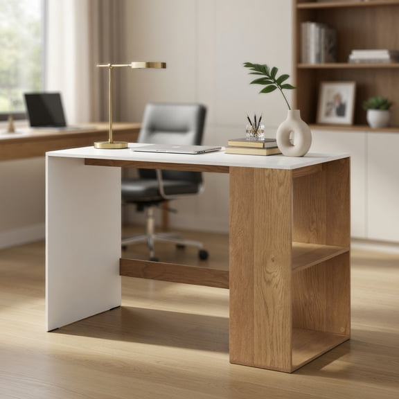 Resenkos 44 Inch Wooden Computer Desk with Bookshelf, Space Saving Desk for Small Space, Home, Office, Dorm, White and Natural