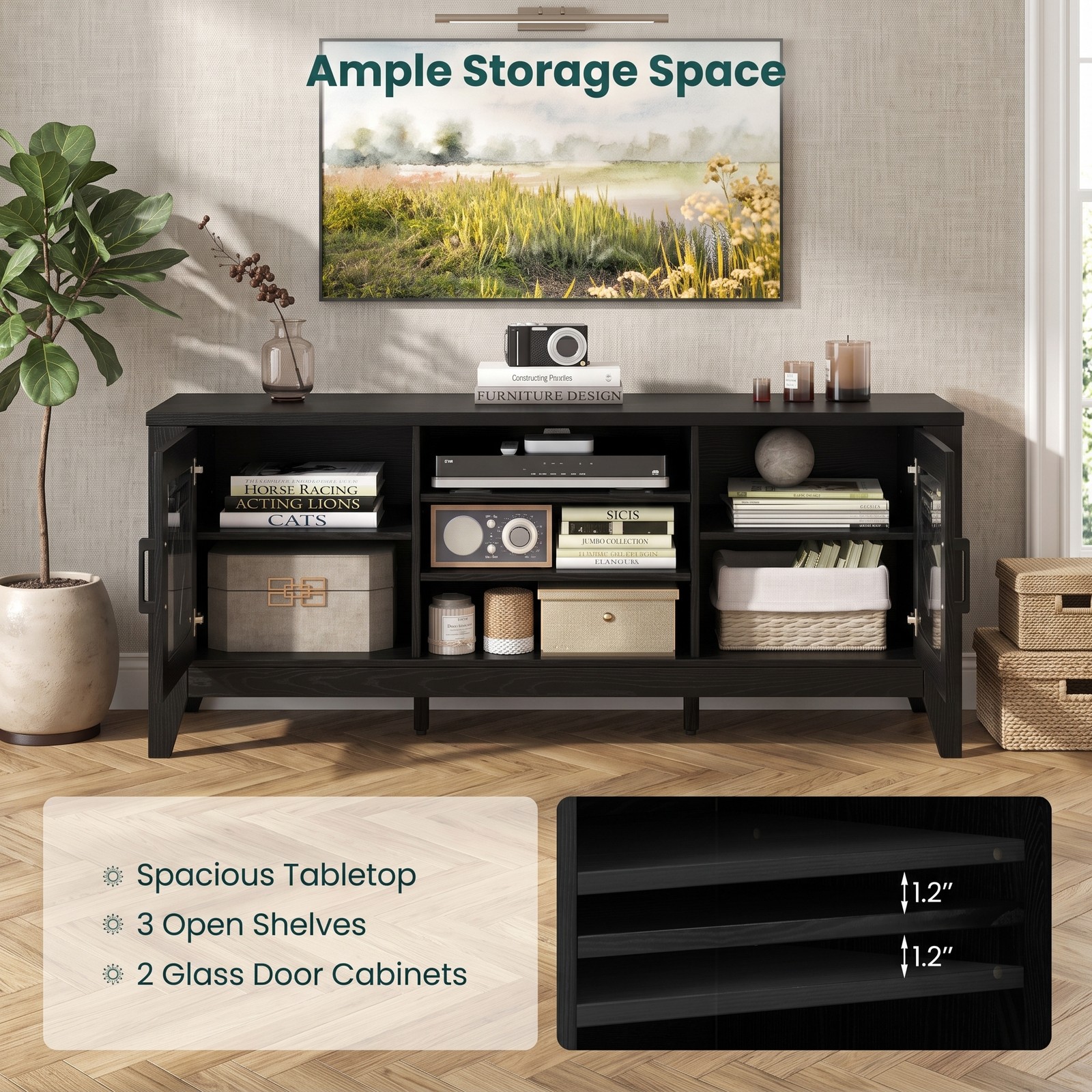 Furnibear Farmhouse TV Stand for TVs Up to 65 Inches, Entertainment Center with 4 Adjustable Shelves, Glass Door Cabinets and Cable Management, Media Console, Black
