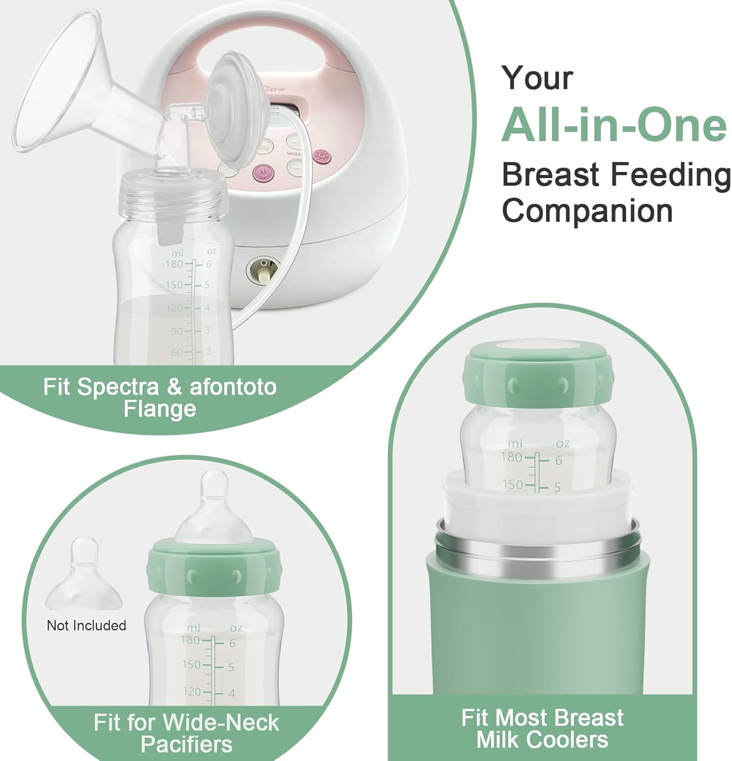 Breast Milk Storage Bottles Compatible with Momcozy Cooler, 6PC Wide-Neck 6oz  Direct Pumping Fit for Spectra S1/S2/Motif Luna, Leak-Proof  BPA Free, Freezer Safe Baby Containers for Fridge (Green)
