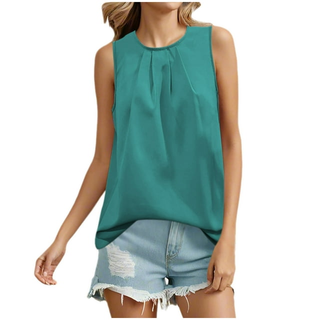 Timegard Tank Top for Women Summer Round Neck Sleeveless Lightweight Ruched Casual Solid Color Tee Top