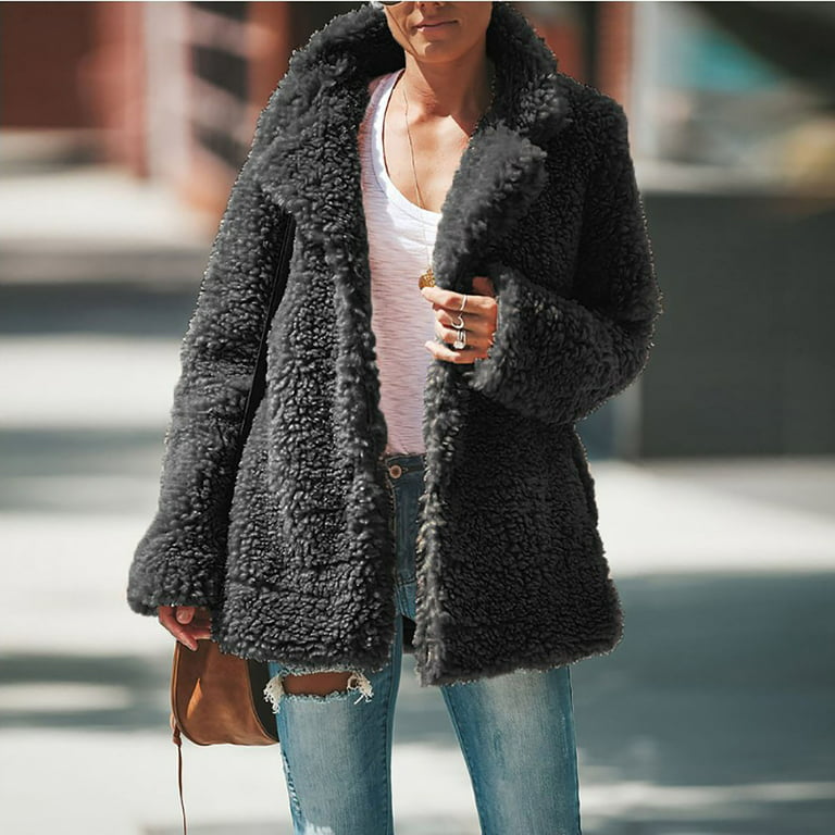 Ecqkame Winter Jackets for Women Teddy Bear Fleece Oversized-Fit Lapel Jacket  Coat Women Plus Size Winter Warm Loose Plush Outerwear Black XL 