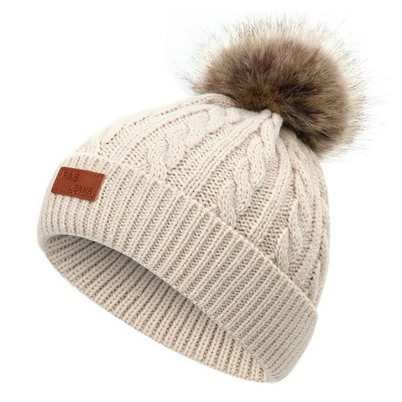 Kids Boys Girls Knit Beanies Hats Cut Furry Pompom Bobble Winter Hat Toddler Fleece Lined Strenchy Warm Caps Brown 1-11 Years