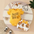 thumbnail image 2 of TOWED22 Baby Girl Summer Clothes Newborn Going Home Outfit Ruffle Ribbed Romper Tops Floral Shorts Set + Headband(Gold,9-12 M), 2 of 4