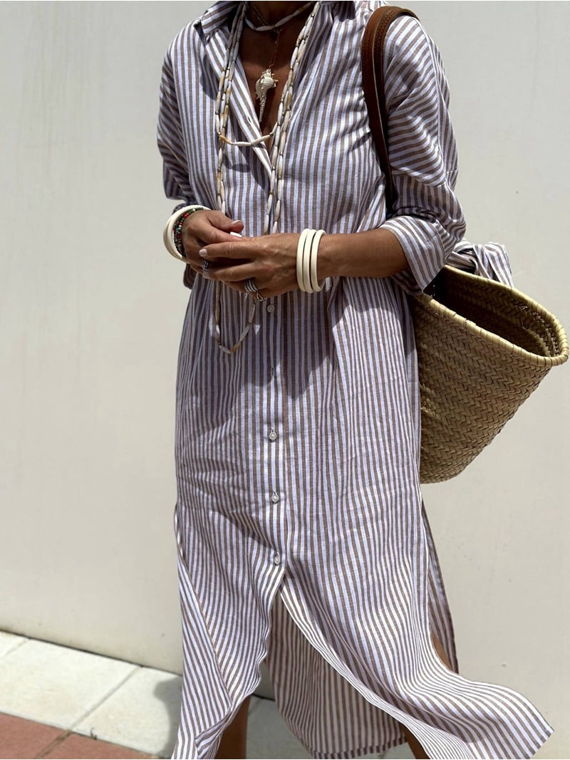 button down collar maxi dress Linen Button Down Slip Shirt Collar Dress With Long Sleeves, Maxi Flax Dress With Pleated Bottom, Wedding Quest Dress, Baptising Lavender