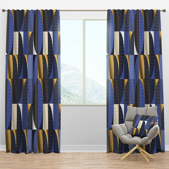 Designart 'Retro Luxury Waves In Blue and Gold IV' Mid-Century Modern Blackout Curtain Panel