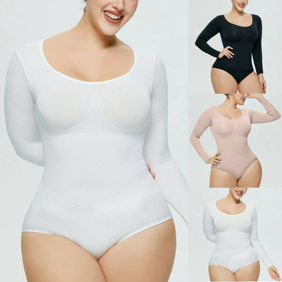 Elainilye Fashion Bodysuits for Women Tummy Control Sexy Solid Color Tight Fitting Shapewear Long Sleeve Bodysuit Body Shaper,Black
