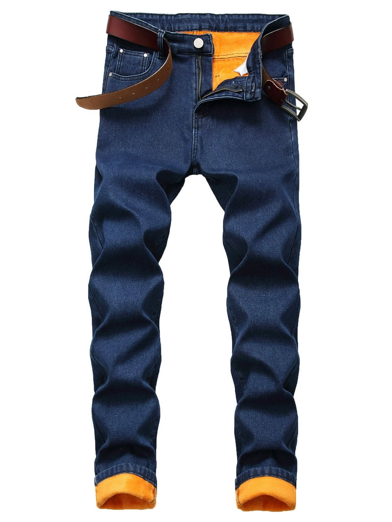 Frontwalk Men Denim Pants Thicken Plush Trousers Mid Waist