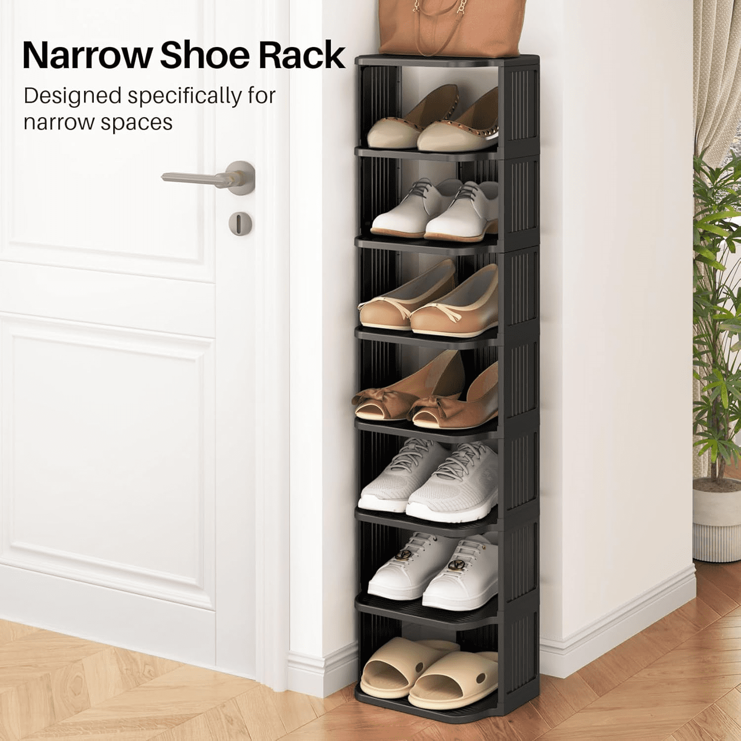 Small Shoe Rack, 6 Tier Plastic Vertical Shoe Rack for Narrow Spaces, Efficient Shoe Storage for Closet, Entryway, and Small Spaces (Black)