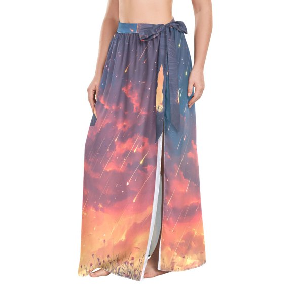 FORMRS Womens Long Sarong Beach Wrap Semi-Sheer Bikini Skirt Bathing Swimsuit Cover Up, Astronaut at Dawn