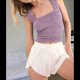 thumbnail image 3 of Tops Cortos de Tirantes Anchos con Cuello Cuadrado para Mujer, Tops Florales para Salir, Tops Cortos Ajustados con Ribete de Lechuga, Morados, Talla L, 3 of 6