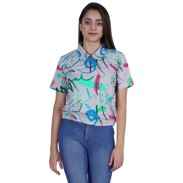 Moomaya Haut Court Imprimé pour Femmes Été Décontracté Col Zippé Tee T-Shirts