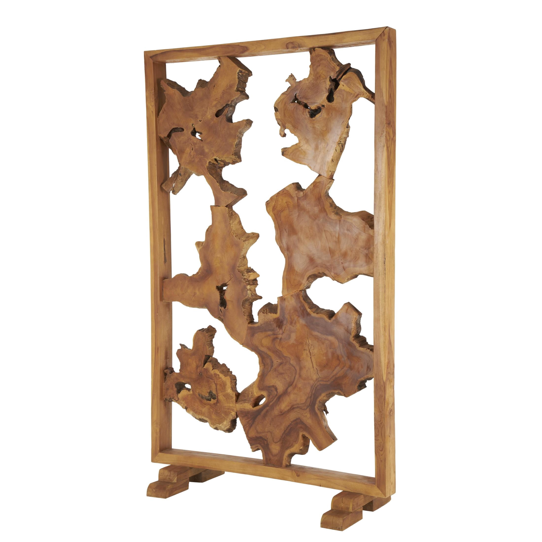 DecMode 47" x 82" Brown Teak Wood Handmade Tall Live Edge Freestanding Room Divider Screen, 1-Piece