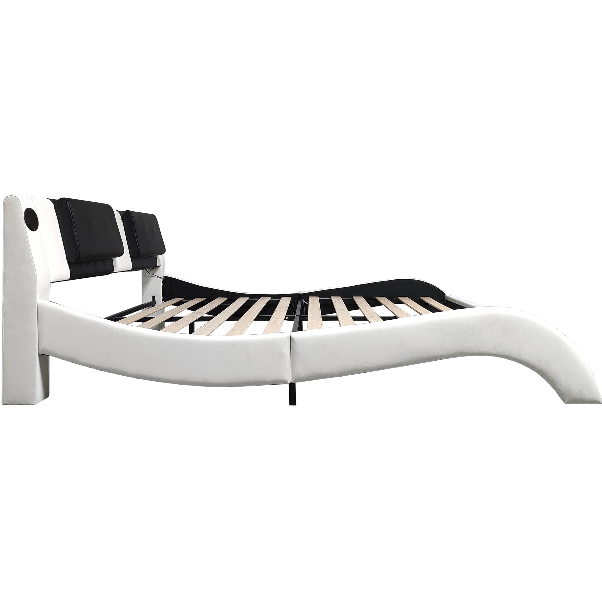 Mintazer King Faux Leather Platform Bed Frame with Massage Headboard & Bluetooth Speakers, Upholstered Platform Bed with USB Charging Ports & RGB LED Under Bed Lights for Bedroom, White