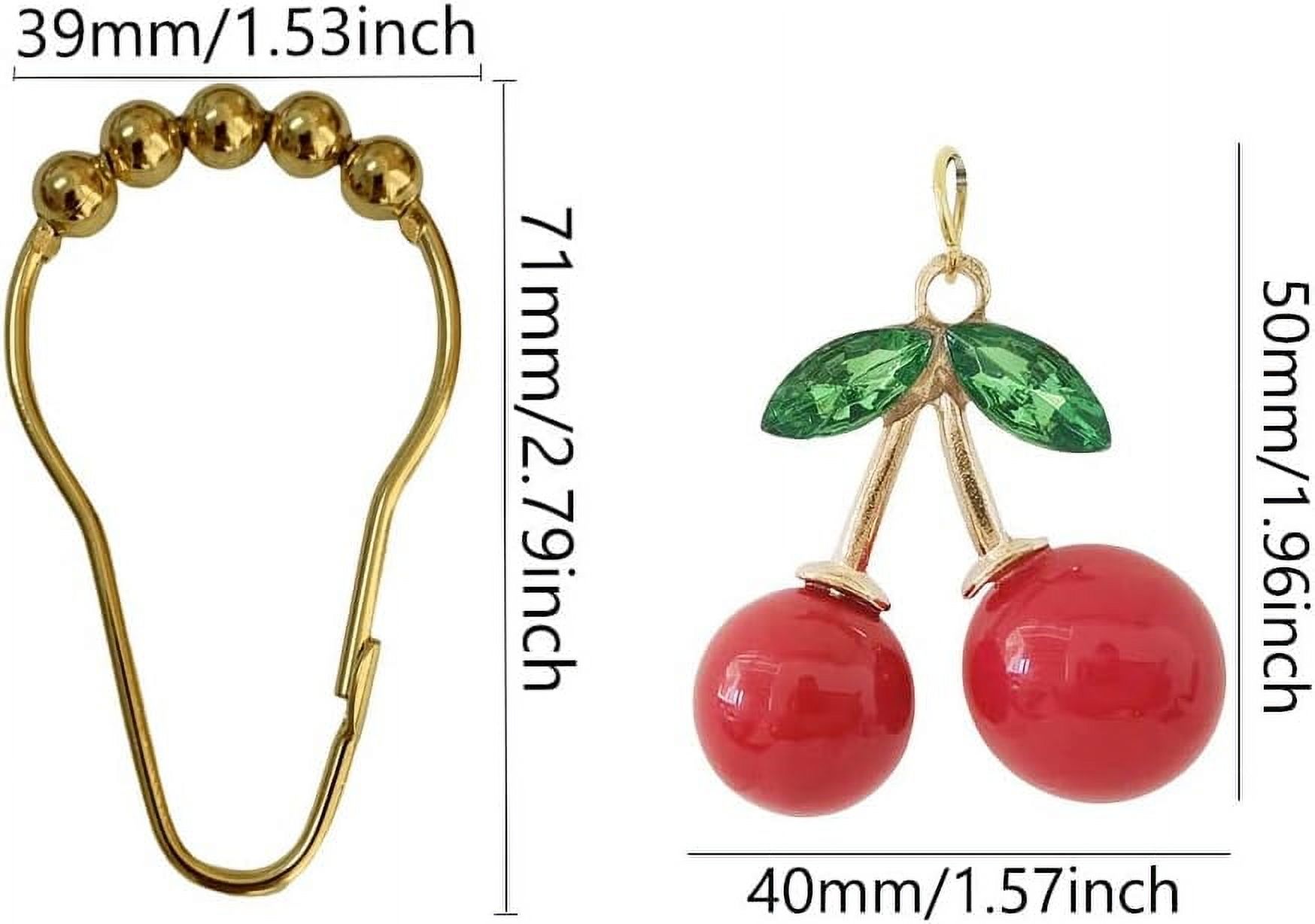 Cherry Shower Curtain Hooks Rings for Bathroom Shower Curtain & Liners, Rust Proof Stainless Steel Decorative Curtain Ring with Resin Red Fruit Themed Cherry Bathroom Decor, Set of 12 (Gold)
