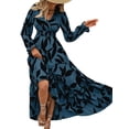 thumbnail image 3 of Women Casual Round Neck Puff Long Sleeve A Line Flowy Swing Long Maxi Dress Blue XL, 3 of 9