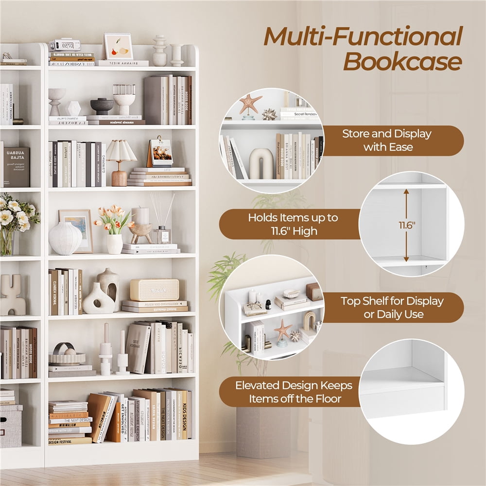 Renwick Wooden 7 Layer Open Shelf Bookcase with Compartment, White