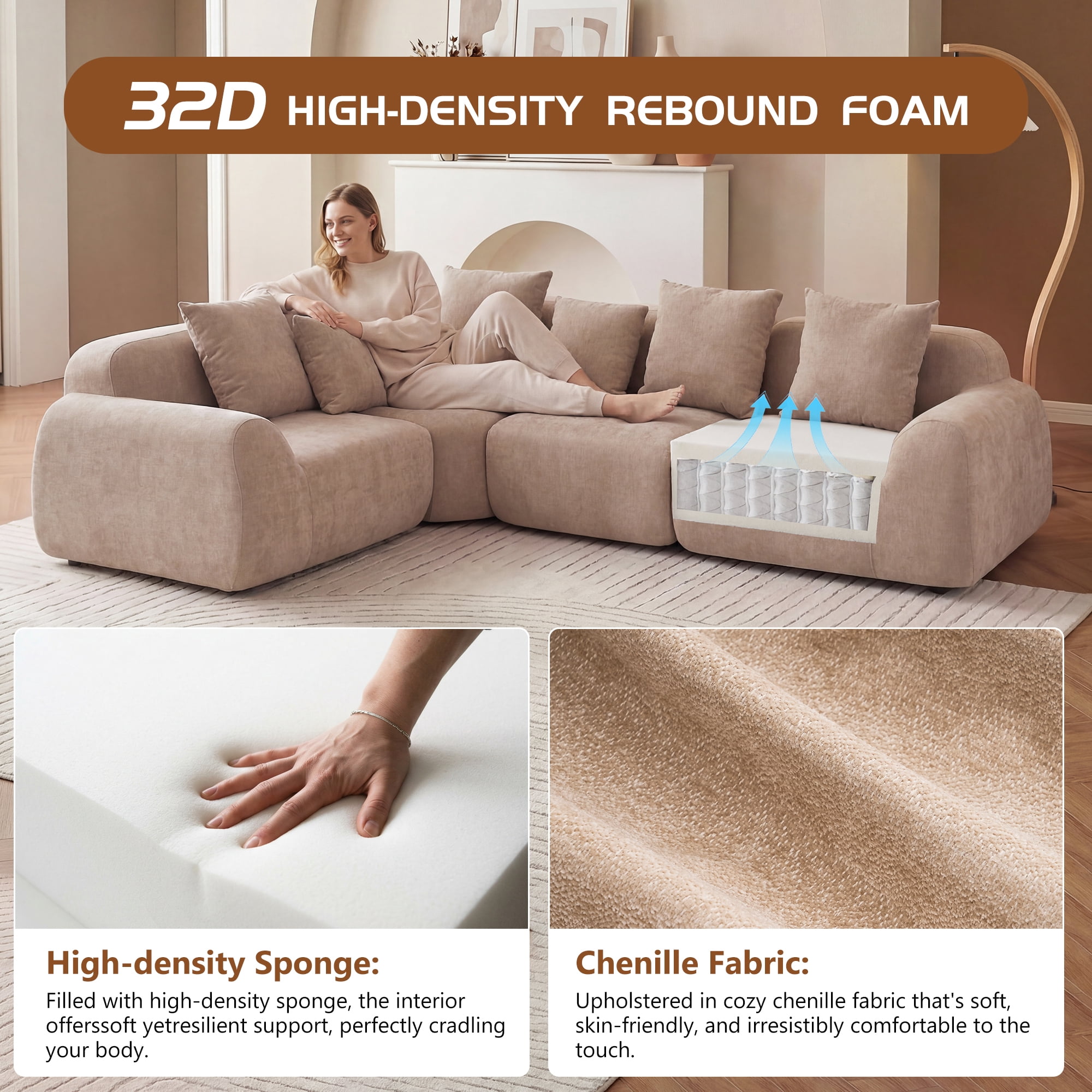 Leumius 116'' Cloud Modular Sectional Sofa,Upholstered Boneless Couch with Memory Foam for Living Room,No Assembly Required,Beige