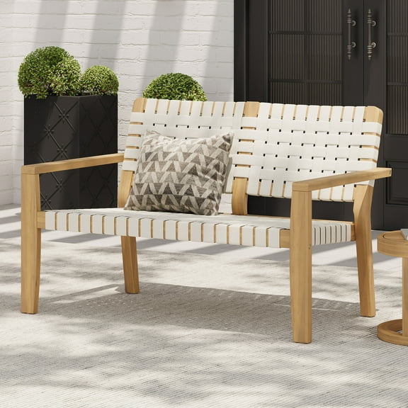 Maude Classic Outdoor Patio Loveseat with Rope Weaving, Garden Bench with Solid Wood Frame, White