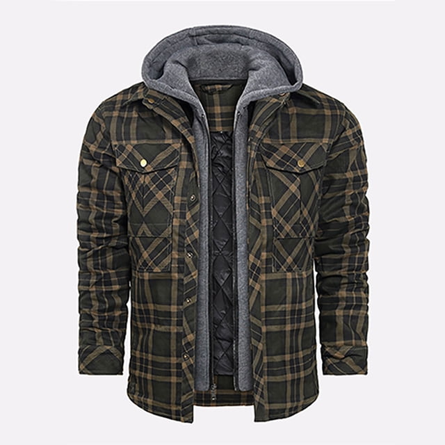 LOVZFMLL Jackets for Men's Winter Checkered With Button Pockets And Long Sleeved Hooded Casual Jacket