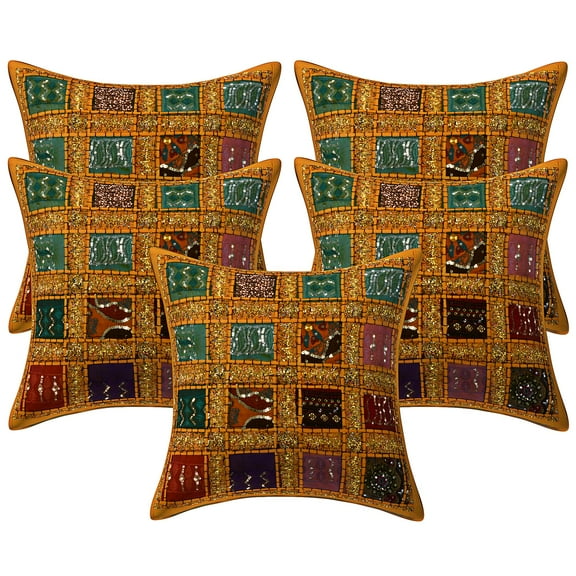 Stylo Culture Ethnic Decorative Throw Pillow Covers 16x16 Patchwork Embroidered Mango Yellow Sequins 40x40 cm Home Decor Cotton Geometric Square Cushion Covers | Set Of 5