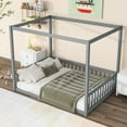 thumbnail image 2 of Newest Full Size Canopy Frame Rubber Wood Floor Bed with Fence,Guardrails,Grey, 2 of 9