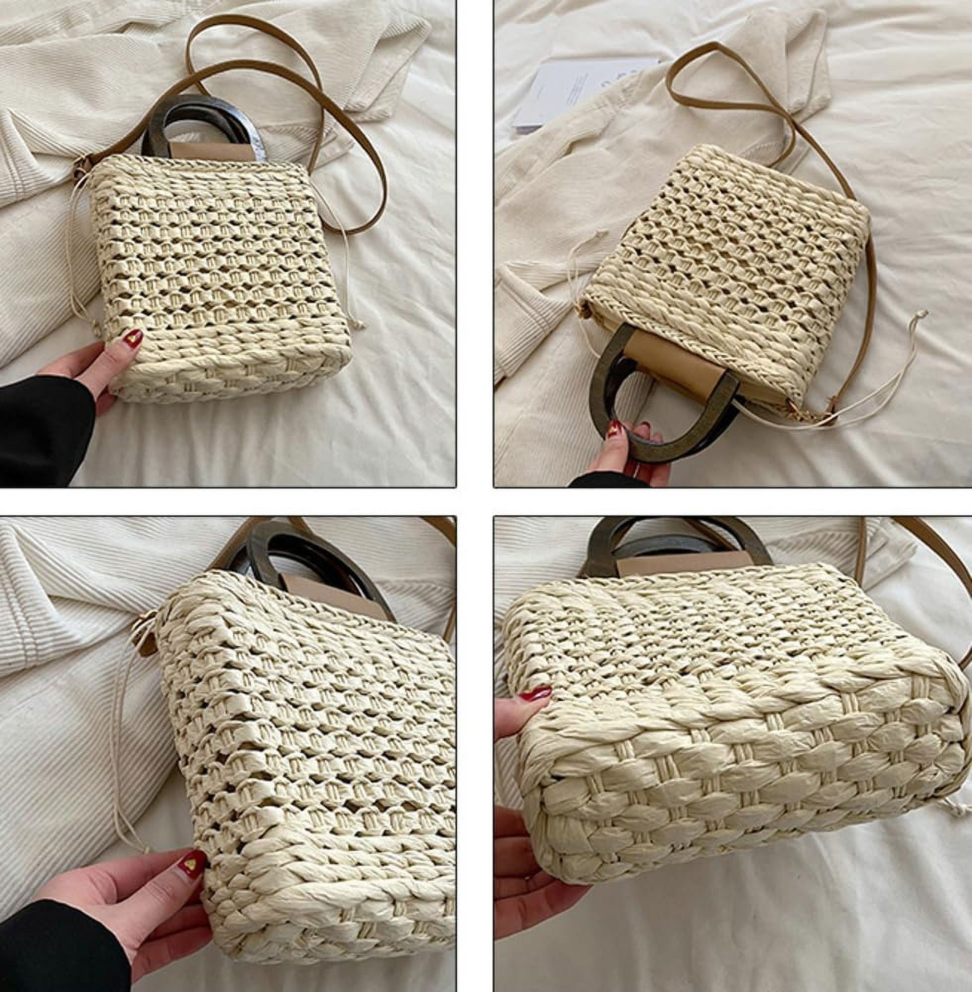 HLSOHJP Women Straw Handbag Beach Bag Woven Rattan Crossbody Bags Handmade Leather Straps Satchel Clutch Purse Summer Vacation