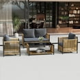 thumbnail image 3 of 4 Pieces Patio Furniture Set, Outdoor Patio Conversation Set for 4, Garden PE Brown Wicker Loveseat Chair with 2 Single Sofas and Tempered Glass Coffee Table for Backyard, Pool, Deck, Garden, 3 of 7