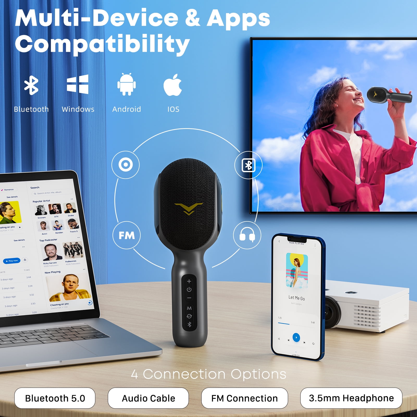 StageSound Wireless Bluetooth Karaoke Microphone, 5-in-1 Portable Handheld Mic with Dynamic RGB Lights, Mini Karaoke Machine for Car Travel Party, Recording, Duet Singing, Gift for Kids Adults
