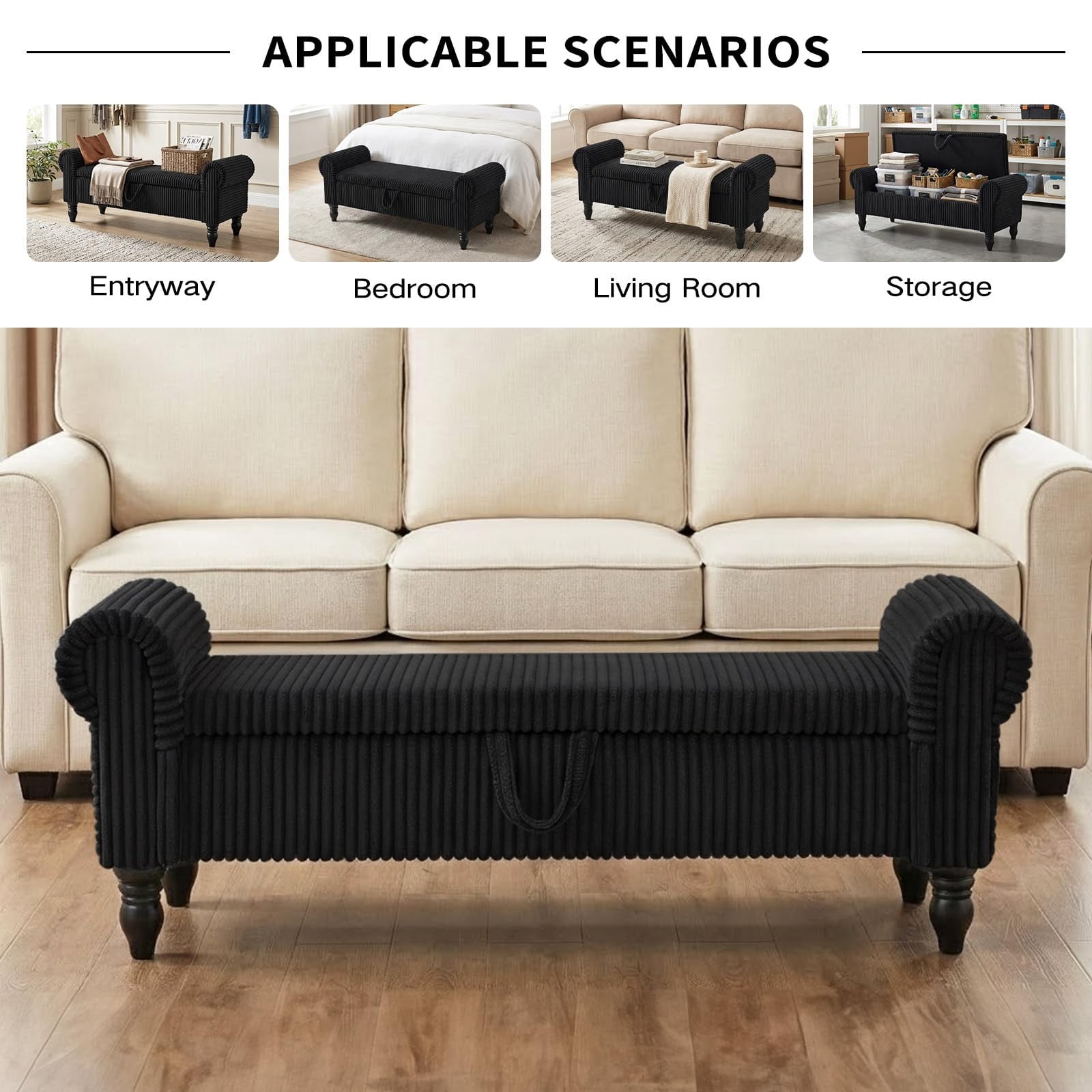 51.5" Storage Ottoman Bench, Upholstered Corduroy End of Bed Bench with Hidden Storage for Bedroom, Entryway & Living Room, Black