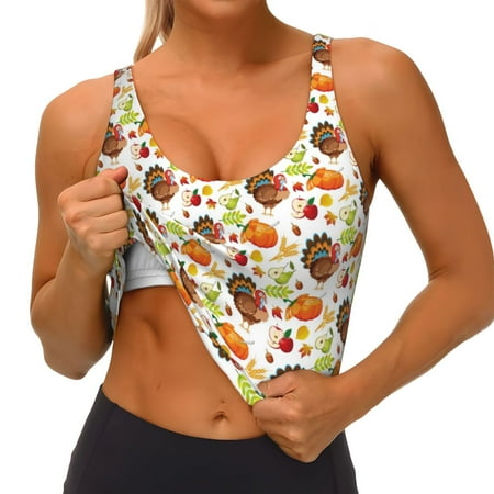 Qokaie Thanksgiving Turkey Pattern Womens Scoop Neck Sports Bra Breathable Workout Vest Padded U Back Medium Impact Fitness Gym Yoga Bra Workout Crop Top