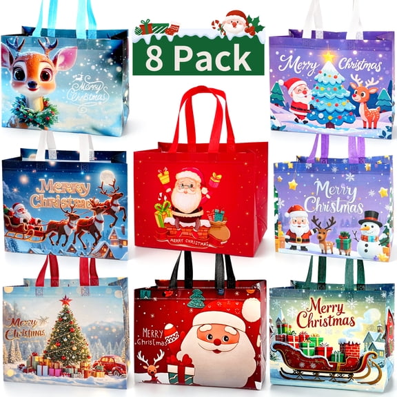 Qissep 8Pcs Reusable Christmas Gift Bags with Handles,Multifunctional Non-Woven Treat Bags,for Xmas Gift Wrapping,12.79 x 6.69 x 9.84 inch
