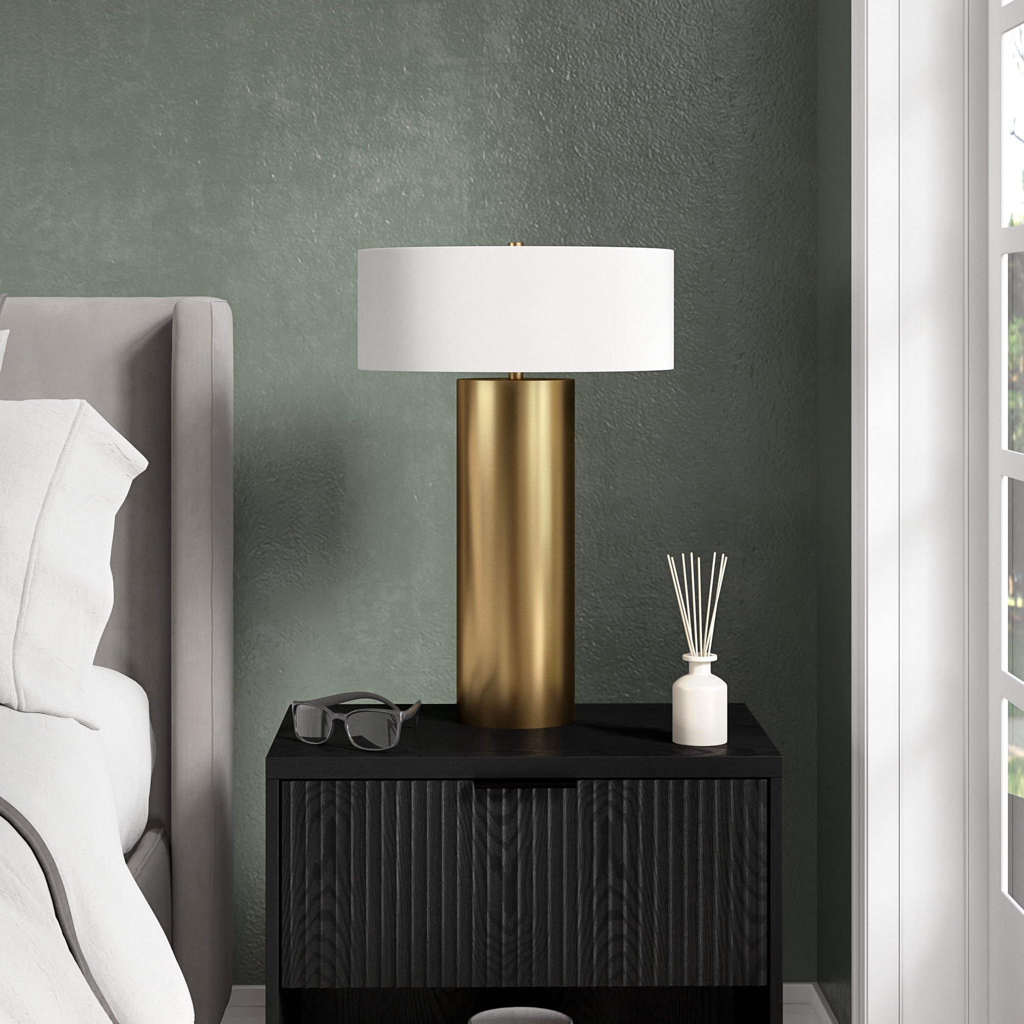 Wells 24" Tall Table Lamp with Fabric Shade in Brass/White