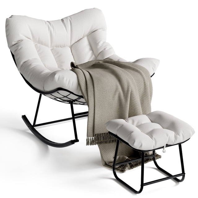 BeesClover Patio Rocking Chair, Outdoor Oversized Papasan Rocking Chair with Ottoman, 450lb Capacity, All-Weather PE Rattan Egg Rocker for Porch, Backyard, Balcony