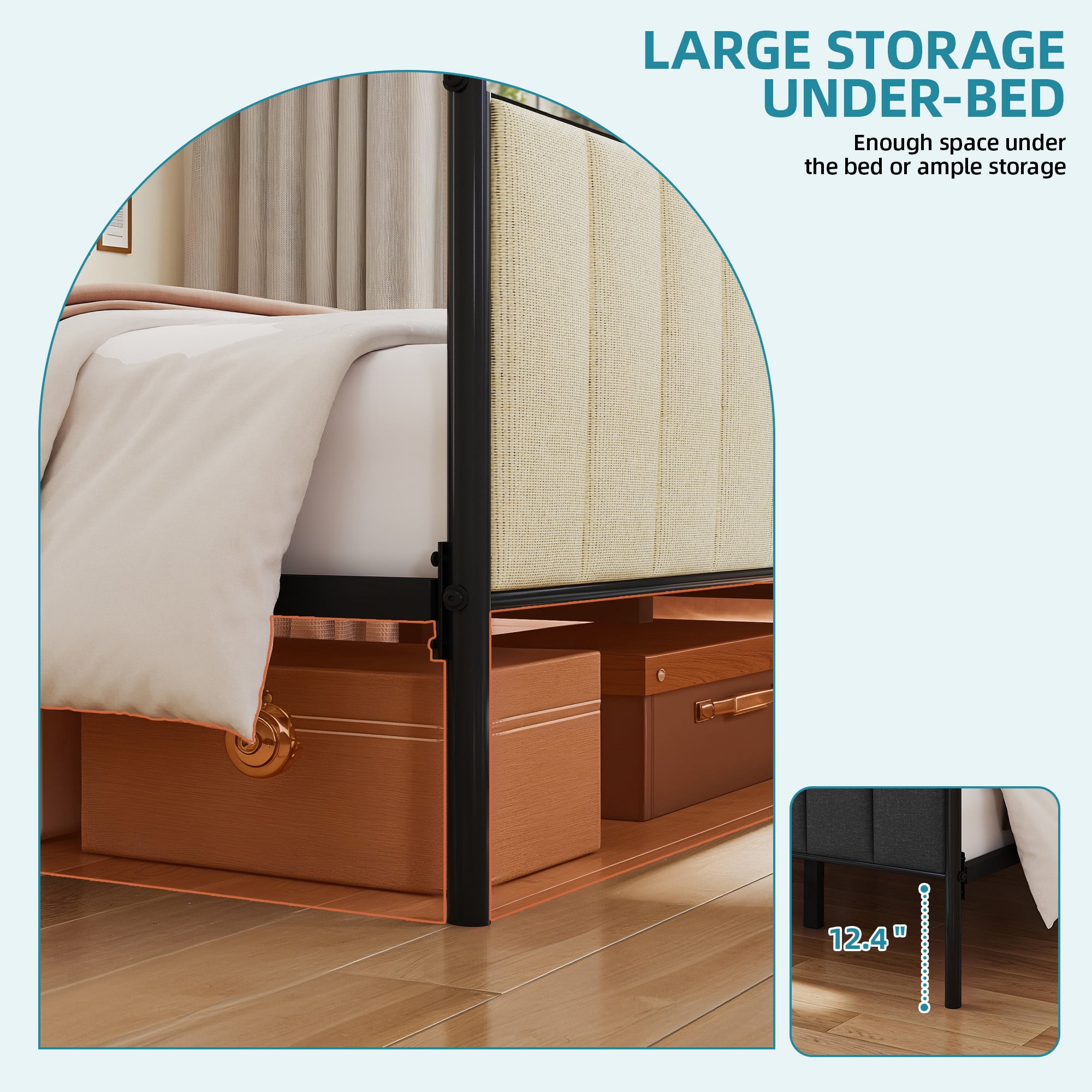Uforic King Upholstered Metal Canopy Bed with Adjustable Platform Frame, Cushioned Headboard & Footboard, Beige