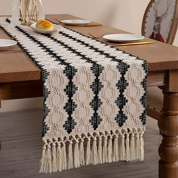 XmhyTop Table Runner, Boho Table Runner Cotton Linen Table Decorations, Farmhouse Table Runners with Tassels for Bohemian Wedding Bridal Shower Rustic Home Dining Table Decor (Black/Square, 12x90)