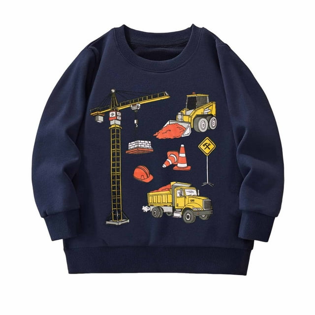 QUOTAY Chandails pour Garçons Enfants à Manches Longues Col Ras du Cou Chandail avec Imprimé d'Excavatrice de Dessin Animé Chaud Doux Confortable Automne Hiver Hauts Décontractés Bleu Marine,140
