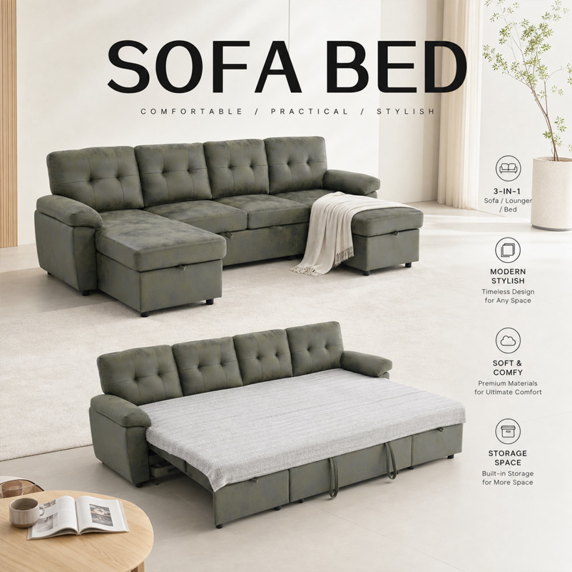 BSHTI 112" Polyester Fabric U-Shaped Sectional Sleeper Sofa Bed with Pull-Out Bed,Tufted Back Cushions and Storage Chaise for Living Room(Olive Green)