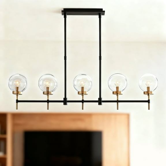 Mordern Linear Matte Black Chandelier, Iron Ceiling Light with Globe Glass Shade, Ceiling Lamp over Kitchen Island, for Dining Room, Living Room