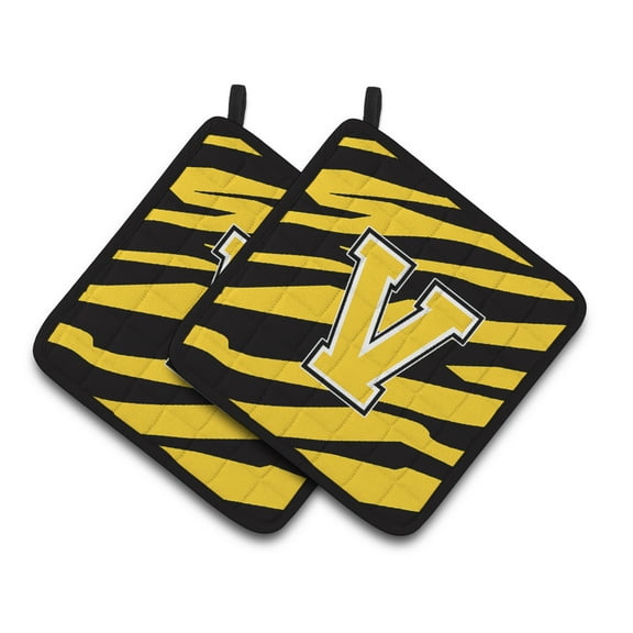 Caroline's Treasures Monogram Initial V Tiger Stripe - Black Gold Pair of Pot Holders