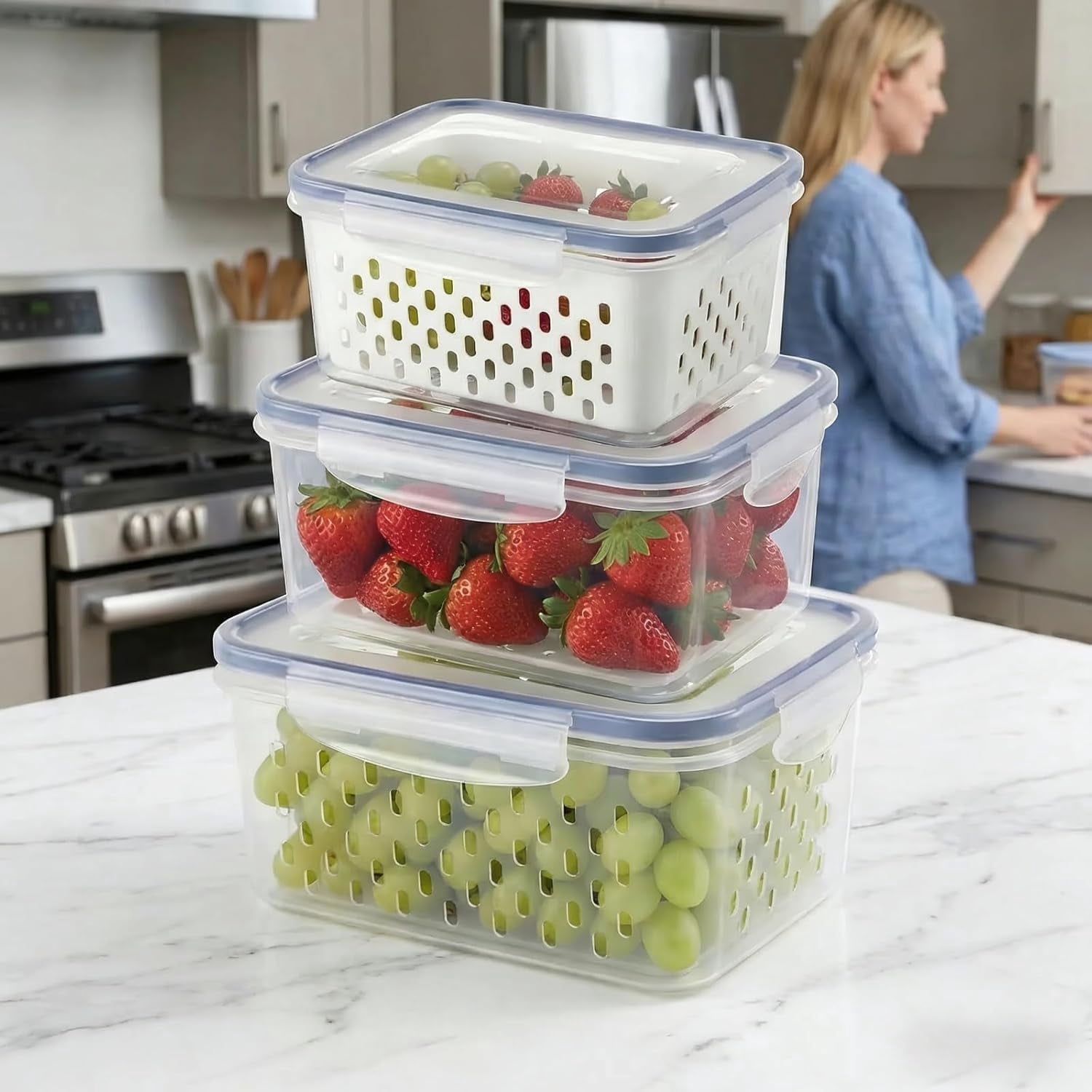 4 In 1 Food Storage Container,Produce Storage Containers for Fridge,Fruit Storage Containers With Removable Colander,Multipurpose Stackable Fruit Storage Containers (3pcs-gray)